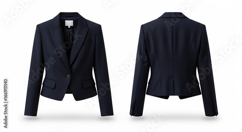 Elegant navy blue tailored women's blazer showcasing professional formal wear with structured fit and classic lapels for corporate and business