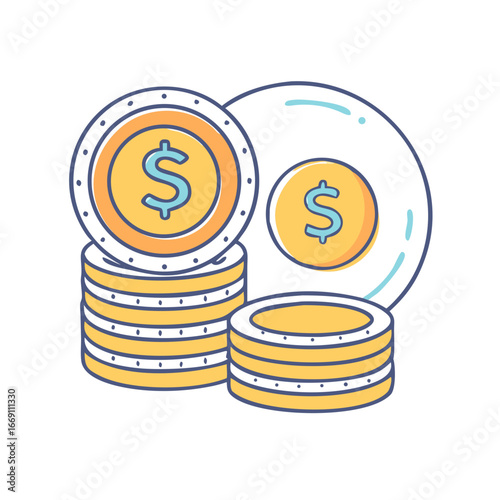 Illustration of stacked cartoon coins with dollar signs for finance and currency