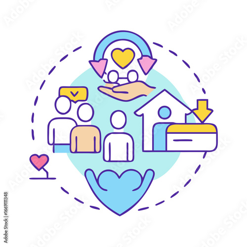 Representation of community care, support system, donation, and social services for the needy