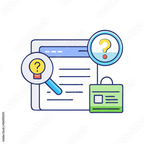 Conceptual Illustration of Research, Analysis, and Discovery with Magnifying Glasses and Questions