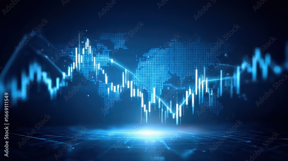 Naklejka premium Ransomware Attack Concept and Cyber ​​Threats. A digital graphic featuring a blue financial chart overlaying a world map, symbolizing global market trends and data analysis.