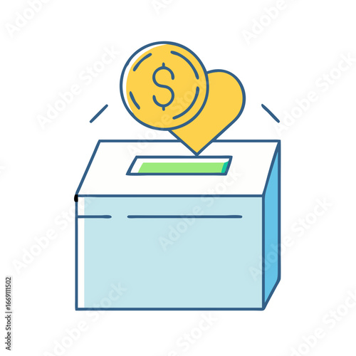 Donation box with heart and money coin, charitable contribution concept