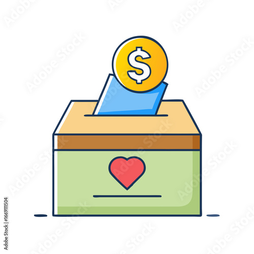 Illustration of a donation box with a heart and monetary contributions
