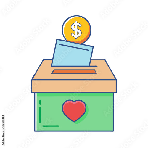 Charity donation box with heart, money coin, and blue paper slip