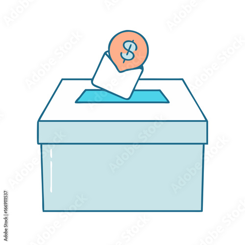Donation box with envelope containing a dollar sign, symbolizing financial contribution