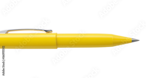 Close-up of a bright yellow pen with silver accents on a clean white backdrop