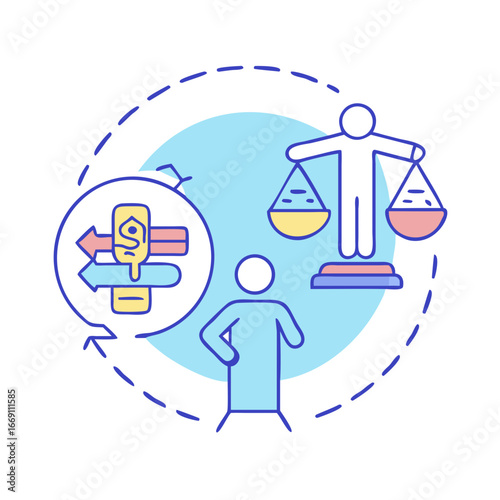 Ethical decision making process concept with business choice and strategic alternatives diagram