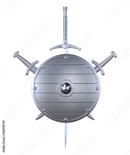 Silver Medieval viking shield with crossed swords, 3d render