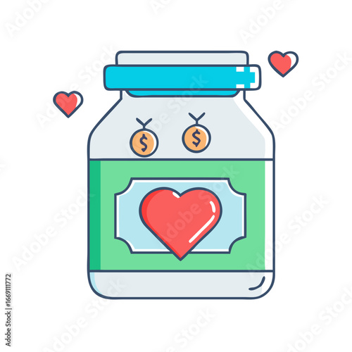 A jar with hearts and dollar symbols representing love for money