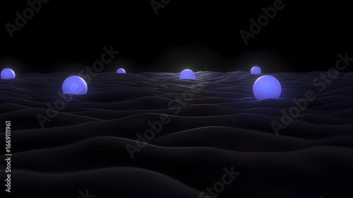 Glowing Blue Spheres on Dark Wavy Surface Abstract 3D Render