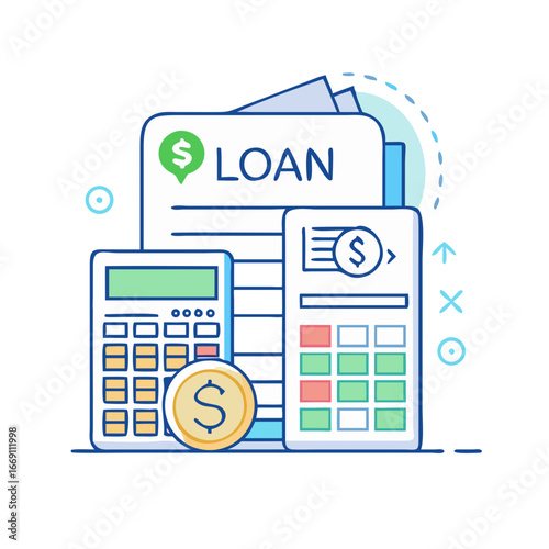 Illustration depicting financial calculation and loan management concepts in a colorful manner