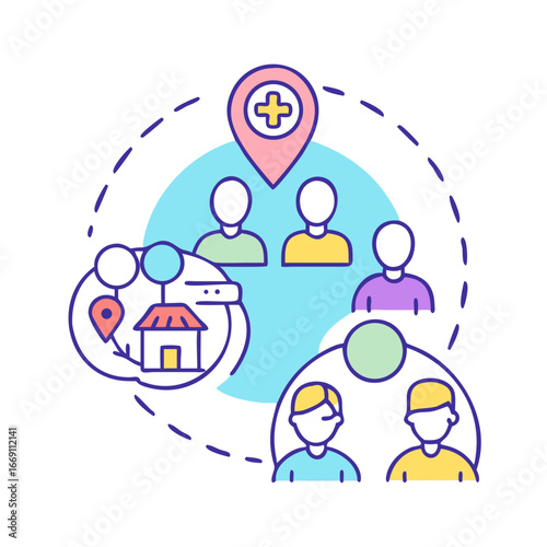 Healthcare access and community support illustrated through simplified graphic elements