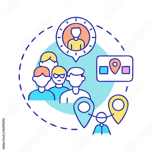 Teamwork illustration depicting community, leader, location and global network connection