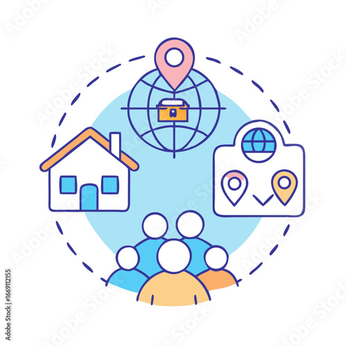 Global Housing with Family and Travel, depicting Community and Worldwide Locations