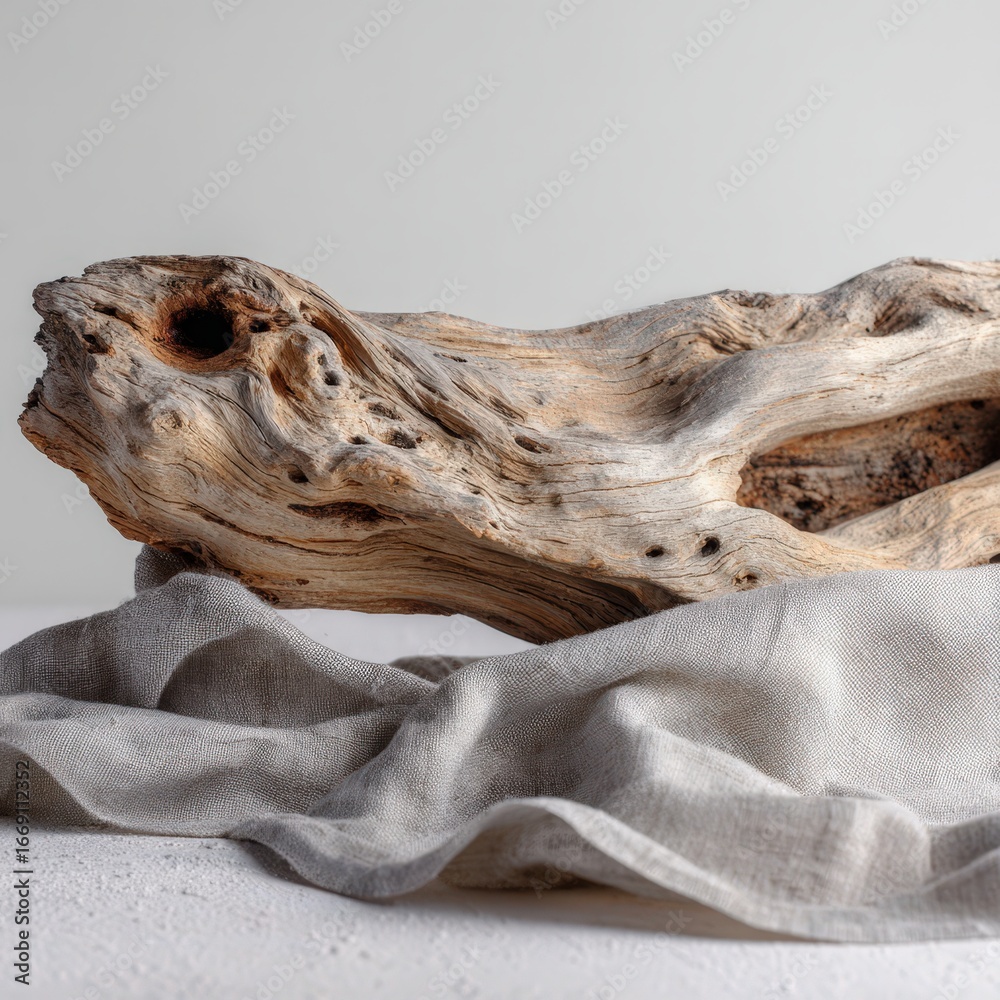 Obraz premium Gray fabric backdrop with driftwood