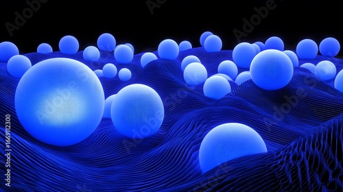 Abstract Blue Glowing Spheres on Wavy Surface 3D Render