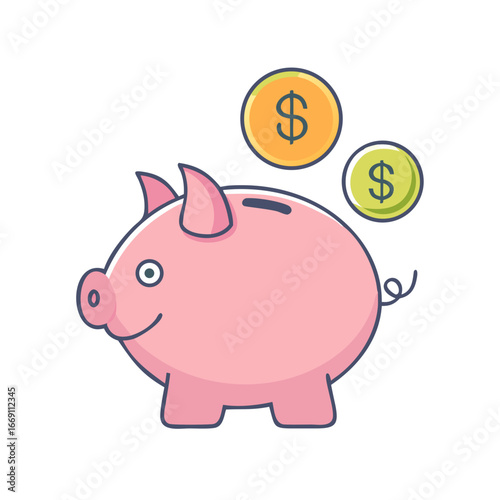 Piggy bank cartoon with money coins showing saving and investing concept