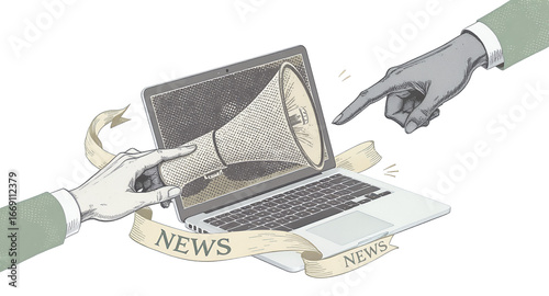 Communication of Information and News via Laptop and Megaphone Illustration