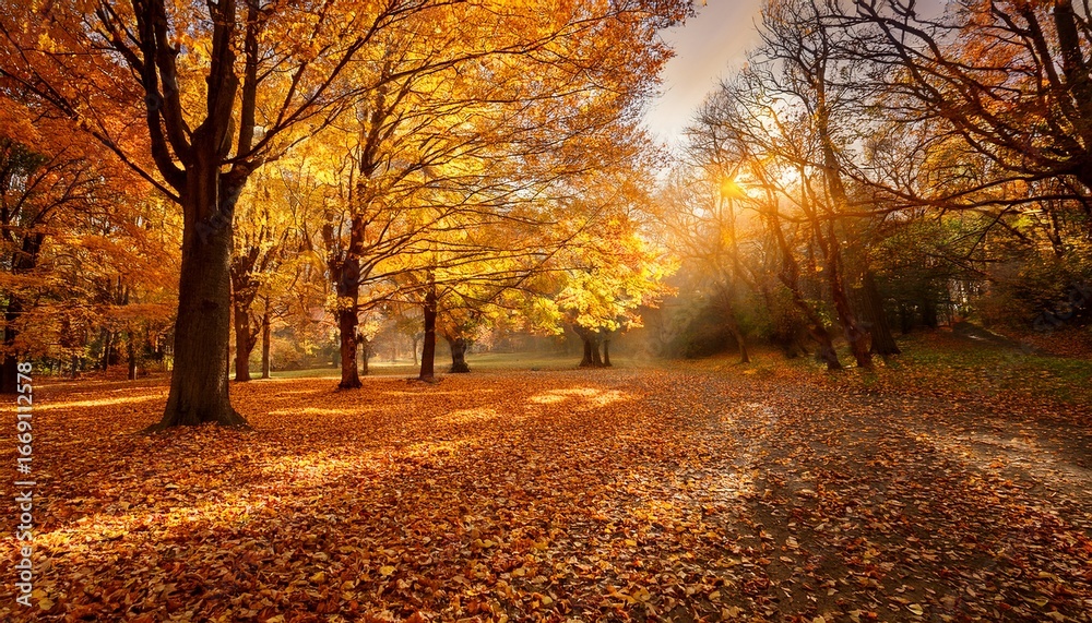 Fototapeta premium a calm autumn day with golden leaves falling softly from trees capturing the peaceful beauty of nature s changing seasons