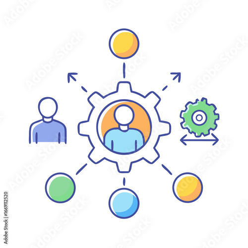 Illustration representing project management with connected people, ideas, and processes