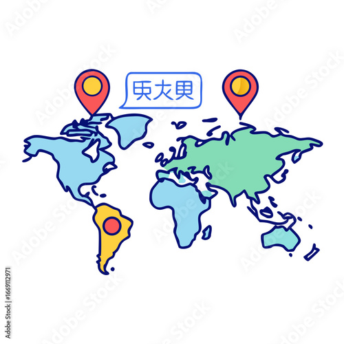 A colorful cartoon world map with location markers and Chinese text