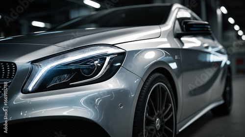 A stunning silver luxury car is prominently displayed in a dimly lit studio. The focus is on the stylish design, highlighting its elegant curves and modern features in an artistic manner