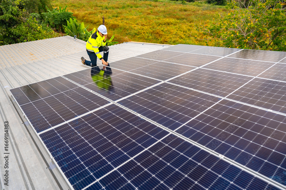 Obraz premium A technician in safety gear inspects solar panels on a metal rooftop, holding a tool. The scene emphasizes renewable energy, solar technology, and maintenance of sustainable infrasture.