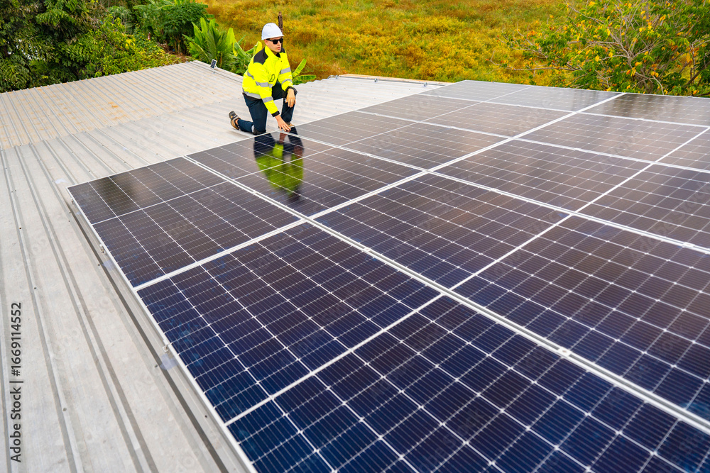 Obraz premium close up on grid of technology renewable solar energy. construction solar panels system on roof. Installing solar photovoltaic panel system. background of blue of solar cell system and structure roof.