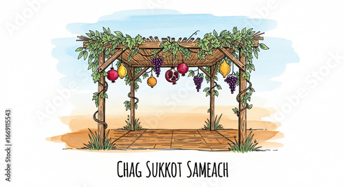 A colorful sukkah decorated with fruit and leaves, an illustration for Sukkot holiday greeting card and Jewish celebration design.