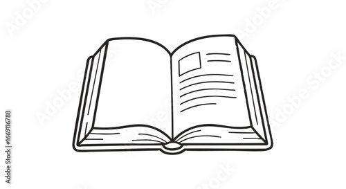 Open book illustration with detailed lines and a blank page ready for text or notes.