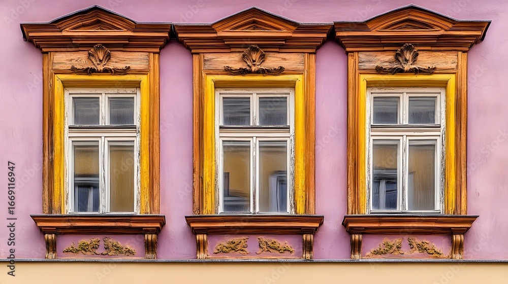 Fototapeta premium Elegant Triple Windows with Ornate Wooden Frames on a Lavender Wall