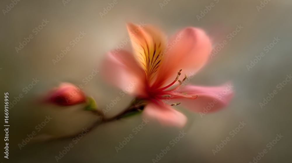 Fototapeta premium Delicate, peach-toned blossom in soft focus, showcasing intricate details and gentle hues against a muted background.