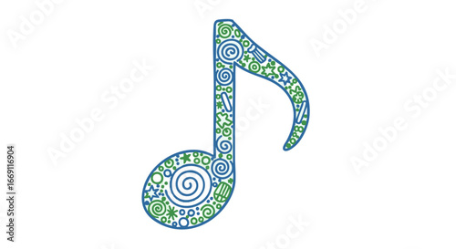 Ornate musical note filled with swirling green and blue designs.