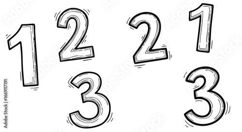 Hand-drawn, stylized numbers one, two, and three, arranged in a graphic design.