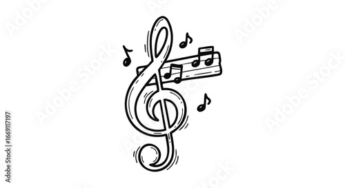 Hand-drawn treble clef with musical notes and a staff, simple sketch style.