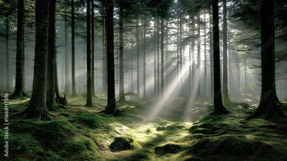 Obraz premium Sunlight streams through a misty forest, illuminating the mossy ground beneath tall trees.