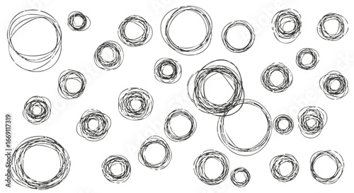 A collection of hand-drawn sketchy black circles and scribbled rings of various sizes on a white background.