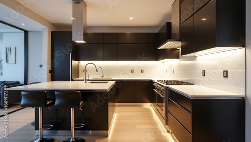 Ultra-modern one-wall kitchen with LED lighting and glossy finishes.