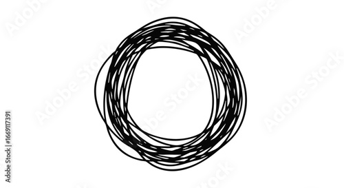 A chaotic scribble of black lines forming a circular, abstract shape on a white background, suggesting disarray or a rough sketch.