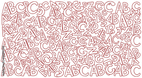 A chaotic yet organized jumble of red outlined letters, primarily A, B, and C, scattered across a white background, creating a visually dynamic and playful abstract pattern.