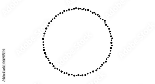 A circular arrangement of numerous small, black dots forming an imperfect, organic outline against a stark white background.