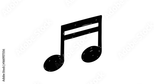 A simple black and white graphic illustration of a sixteenth note, a musical symbol representing a duration of sound.
