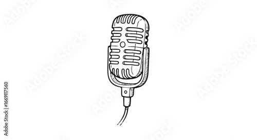 A vintage, retro-style microphone with a cord, rendered in a simple black and white line drawing on a plain white background.