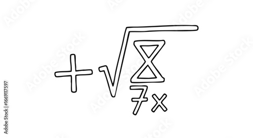 A hand-drawn mathematical expression showing a plus sign and the square root of an hourglass over 7x.
