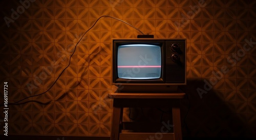 International Television Day Atmospheric scene of a vintage television set with a no signal line on the screen in a dark, retro-style room