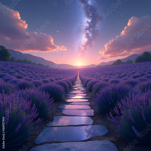 Serene lavender field at dusk with a flooded stone pathway reflecting a pink and purple sunset beneath a star-dotted blue sky and distant mountain silhouettes