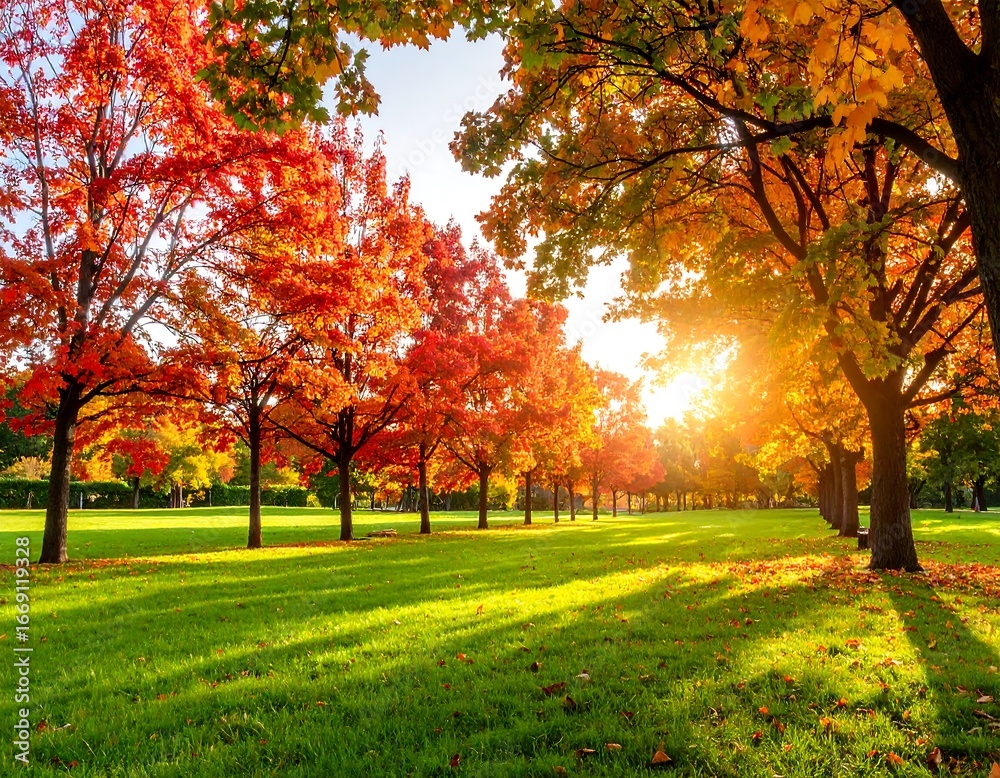 Naklejka premium Autumn Sunset Park with Colorful Trees.