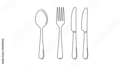 A Simple Outline Drawing of a Spoon Fork and Two Knives Showing Different Blade Styles for Everyday Dining and Special Occasions