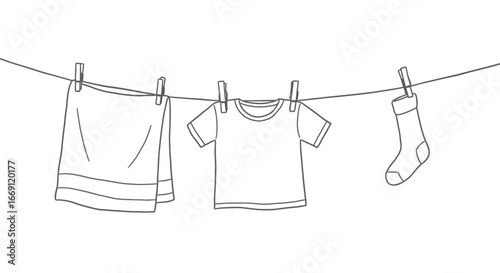 A simple line drawing depicting laundry items drying on a clothesline secured by clothespins on a sunny day