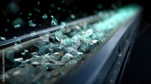 A conveyor belt feeds shredded electronic waste into an AIbased sorting mechanism with metal and plastic components actively separating highlighting the dynamic interaction of technology